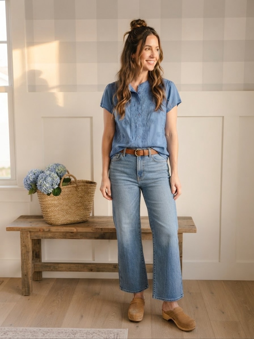 Cotton Casual Embroidered Short-Sleeve Blouse in Blue XL